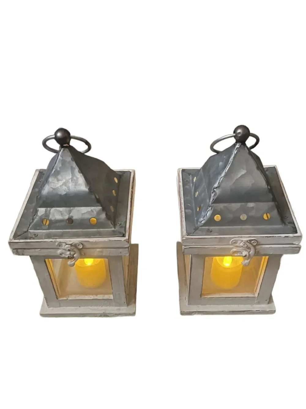 Rustic White Metal Lantern Pair with Glittery LED Candles